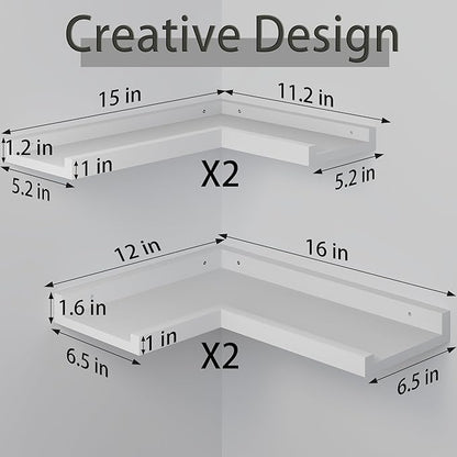 4 Tier Corner Wall Shelf, Floating Shelves with Lip, White Modern Corner Shelves Wall Mounted, Solid Pine Wood L Shaped Shelf for Living Room, Bedroom, Bathroom, Home Storage