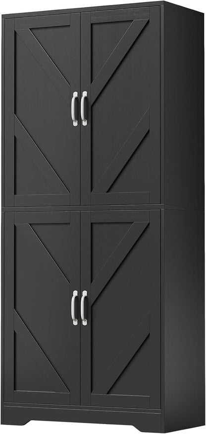 IDEALHOUSE 70" Kitchen Pantry Storage Cabinet, Farmhouse Kitchen Cabinet with 4 Doors & 3 Adjustable Shelves, Freestanding Cupboard for Dining Room,Living Room,Black
