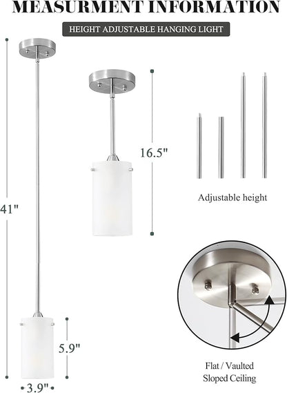 Mini Pendant Light Fixture 1-Light, 2 Pack Brushed Nickel Hanging Ceiling Lights with Opal White Glass, Adjustable Height, Modern Hanging Pendant Lamp for Kitchen Island
