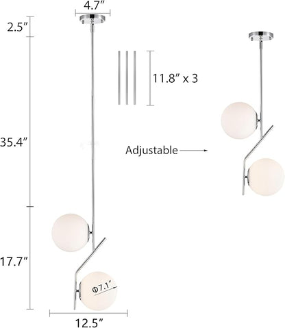 Mid Century Modern Pendant Light for Kitchen Island, 7.1 Inch Opal Glass Globe Hanging Light with Chrome Finish, Adjustable Height, E26 Base, Dining Room Ceiling Lighting