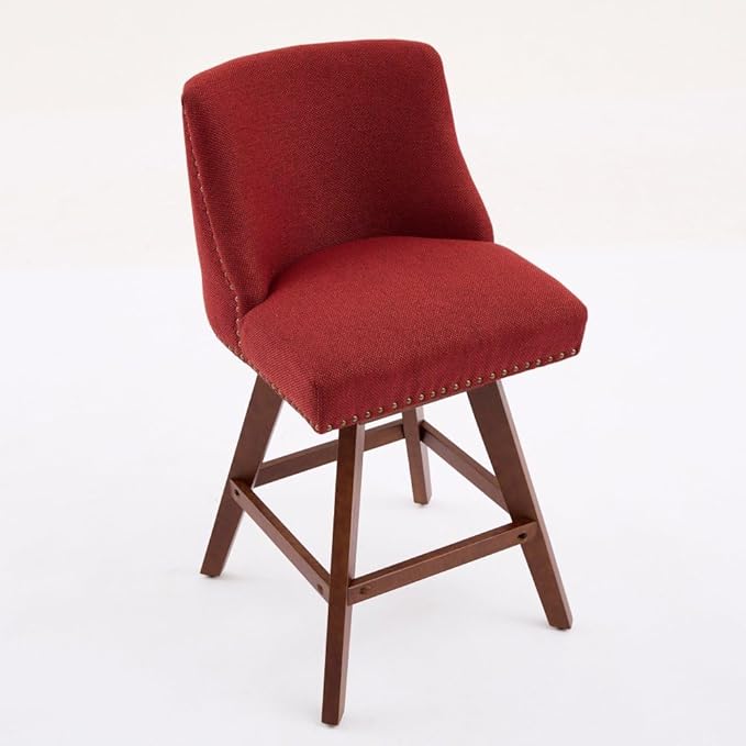 Comfortable Upholstered Swivel Bar Stool with Wooden Legs and Soft Fabric Seat for Kitchen Island or Home Bar Use (Wine RED + Wood+Fabric + Foam)