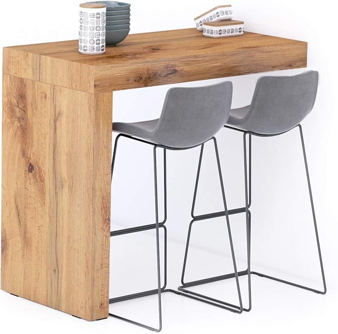Mobili Fiver Evolution Tall Kitchen Bar Table Made in Italy | Space Saving, Wall-Mounted Counter Height Table for 4 | Breakfast Bar Table Top w/Cable Holder | Rustic Oak | 47,2 in x 23,6" in