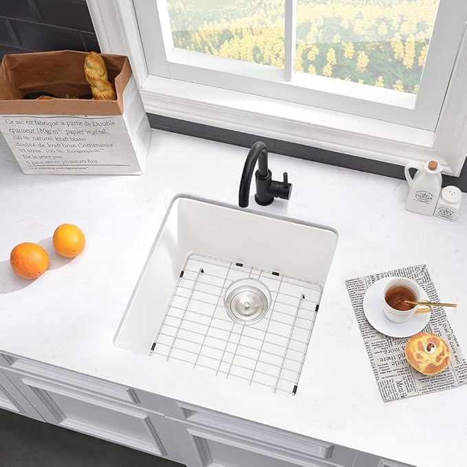 21 Inch Rv Sink Undermount-VASOYO 21x19 Wet Bar Sink Undermount Prep Outdoor Sinks White Quartz Composite Kitchen Sinks Small Deep Singe Basin with Bottom Grid