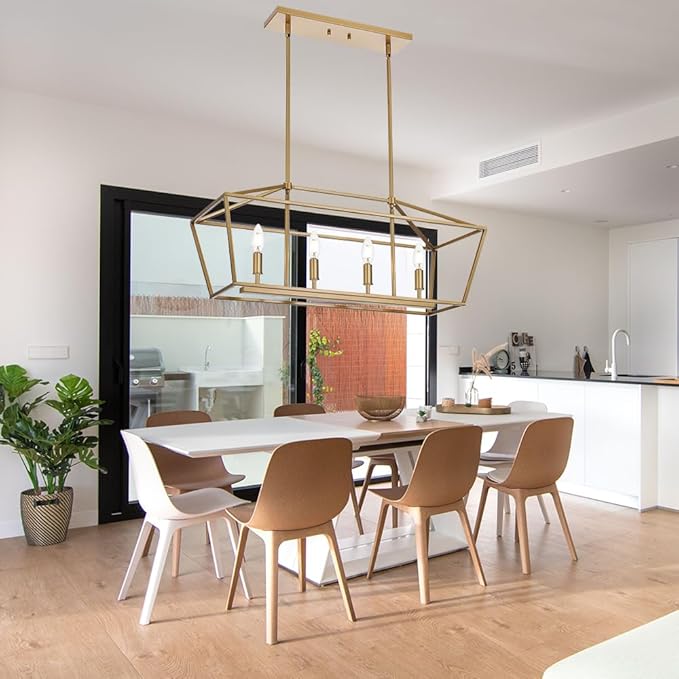 BONLICHT Traditional Dining Room Linear Chandelier Brushed Brass 4 Light Farmhouse Kitchen Island Lantern Pendant Lighting Fixture Hanging Rectangle Gold Pendant Lamp for Restaurant Bar, E12 Base