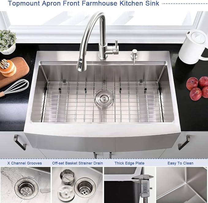 36 Inch Stainless Steel Farmhouse Sink Drop In-Hovheir 36x22 Drop In Top Mount Farm Sink Workstation 16 Gauge Stainless Steel Single Bowl Deep Kitchen Sinks Apron Sinks with Cutting Board