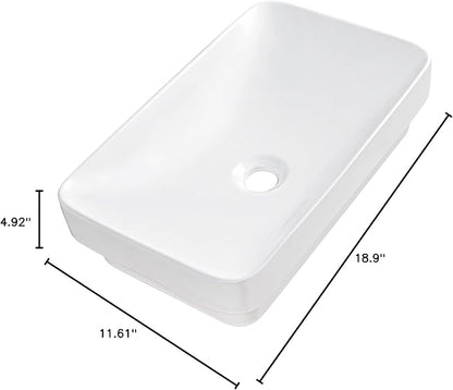 DeerValley Bathroom Vessel Sink, 19.29'' x 11.81'' x 4.72'' Semi Recessed Bathroom Sink Rectangular White Ceramic Sinks for Bathroom Modern Bath Sink Bowl Vanity Sinks Above Counter Basin DV-1V0047