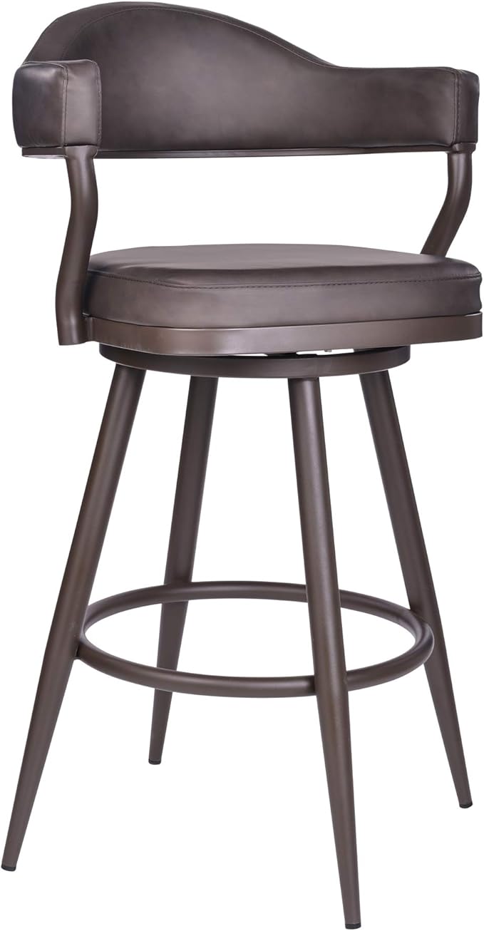Armen Living Justin Modern Farmhouse 30" Seat Height Swivel Vintage Brown Faux Leather Bar Stool with Brown Metal Legs for Kitchen Island Counter