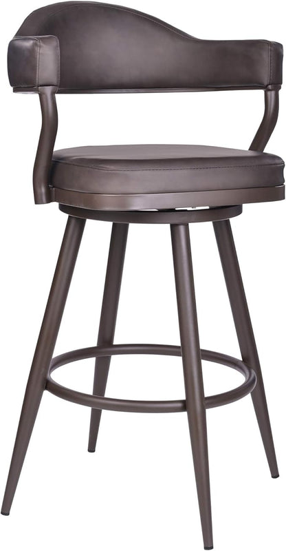 Armen Living Justin Modern Farmhouse 30" Seat Height Swivel Vintage Brown Faux Leather Bar Stool with Brown Metal Legs for Kitchen Island Counter