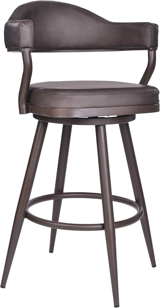 Armen Living Justin Modern Farmhouse 30" Seat Height Swivel Vintage Brown Faux Leather Bar Stool with Brown Metal Legs for Kitchen Island Counter