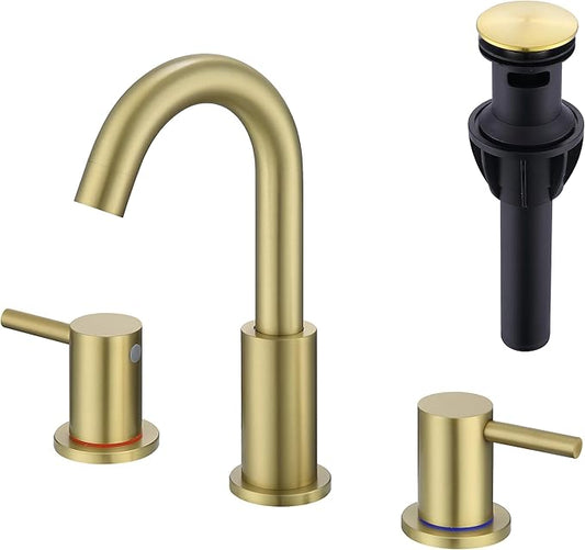 Bathroom Faucets for Sink 3 Hole, Brushed Gold Bathroom Faucet with Pop up Drain, Stainless Steel 2 Handle 8 Inch Widespread Gold Bathroom Sink Faucet for Vanity, AML-21754-BG