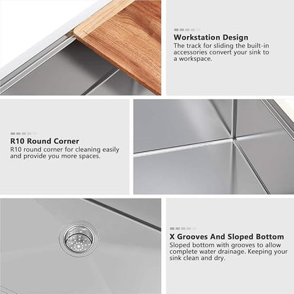 33 Inch Kitchen Sinks Drop In Workstation-VASOYO 33 x 22 Drop In Top Mount Kitchen Sink Stainless Steel 16 Gauge Deep Single Bowl Overmount Sink with Cutting Board