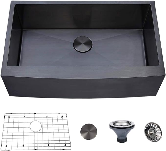 33 inch Black Farmhouse Sink, Modern Single Bowl Stainless Steel Apron Front Farmhouse Kitchen Sink with Dish Grid and Strainer