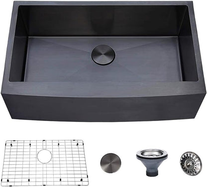 33 inch Black Farmhouse Sink, Modern Single Bowl Stainless Steel Apron Front Farmhouse Kitchen Sink with Dish Grid and Strainer