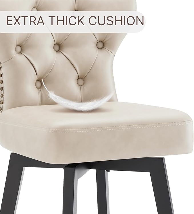 KISLOT Counter Height Barstools 26 inch Upholstered Button Tufted Swivel Bar Stools with Back for Kitchen Island,Set of 2,Beige PU Leather