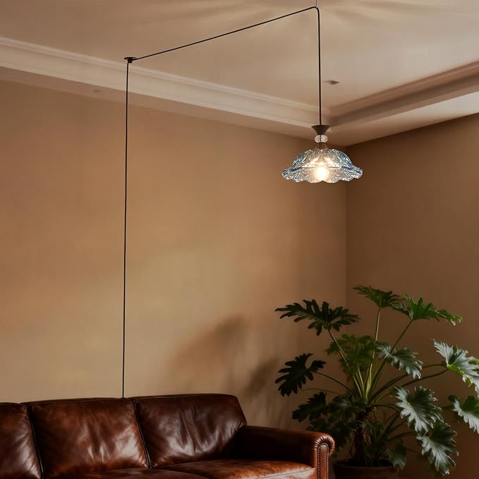 Plug in Black Pendant Light Plugin Kitchen Blue Glass Pendant Lighting Fixtures with Cord Switch Vintage Hanging Lamp for Island Dining Table Bedroom Living Room