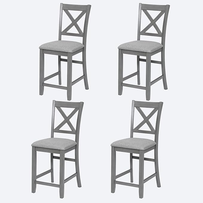 Set of 4 Dining Chairs, Wooden Kitchen Chairs with Padded Cushion, Upholstered Stools for Kitchen Island, Dining Room, Living Room, Easy Assembly (Gray - X-Shaped backrest)