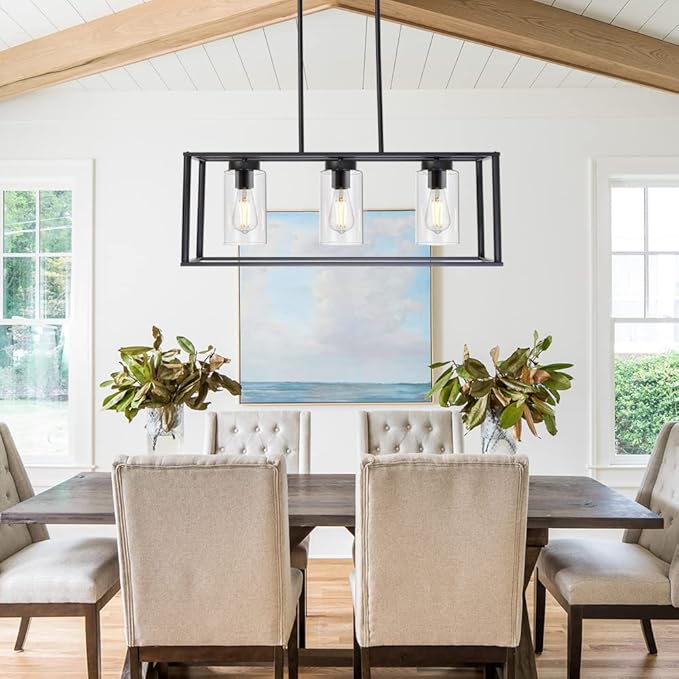 VINLUZ Contemporary Chandeliers Black 3 Light Modern Dining Room Lighting Fixtures Hanging, Kitchen Island Cage Linear Pendant Lights Farmhouse Flush Mount Ceiling Light with Glass Shade