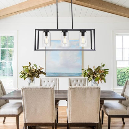 VINLUZ Contemporary Chandeliers Black 3 Light Modern Dining Room Lighting Fixtures Hanging, Kitchen Island Cage Linear Pendant Lights Farmhouse Flush Mount Ceiling Light with Glass Shade