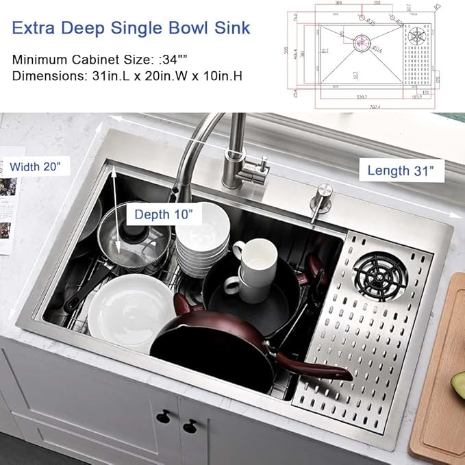 Stainless Steel Kitchen Sink with Cup Washer-Hovheir 31x20 Drop In Top Mount Kitchen Sink Workstation 16 Gauge Stainless Steel Single Bowl Deep Sinks Over Mount Sinks with Glass Rinser, Cutting board