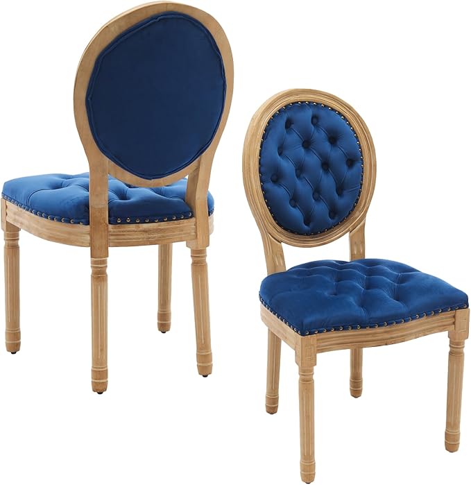 Velvet Dining Chairs Set of 2, Vintage Wooden Dining Chair with Solid Wood Legs, Upholstered Farmhouse Kitchen Chair for Living Room, Restaurant, Bedroom (Blue, Set of 2)