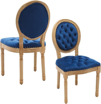 Velvet Dining Chairs Set of 2, Vintage Wooden Dining Chair with Solid Wood Legs, Upholstered Farmhouse Kitchen Chair for Living Room, Restaurant, Bedroom (Blue, Set of 2)
