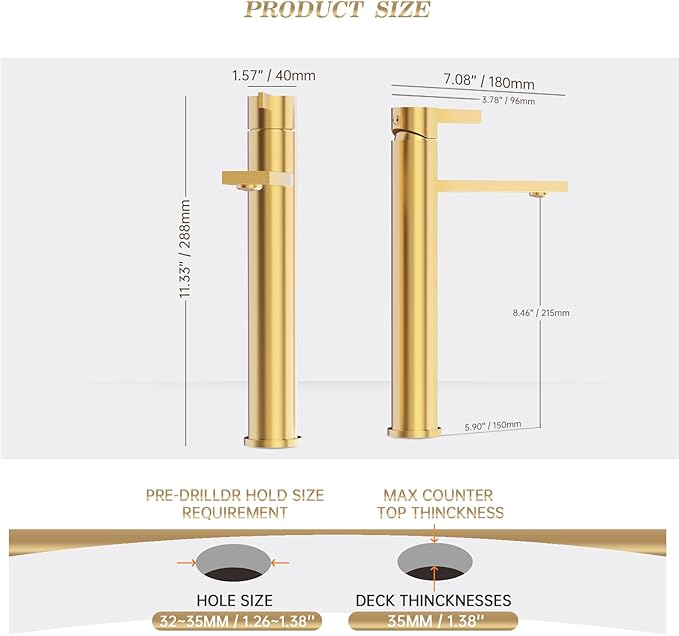Phiestina 1 Hole Tall Bathroom Vessel Sink Faucet, Brushed Gold Single Hole Single Handle Vanity Faucet, with Pop Up Drain and Water Supply Line, FH02-BG-V