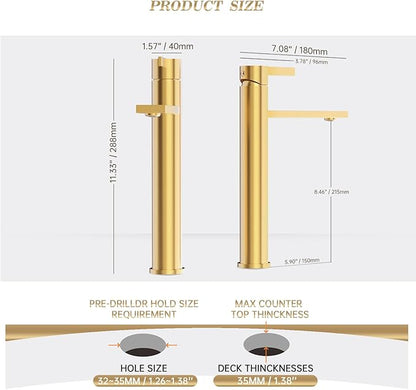 Phiestina 1 Hole Tall Bathroom Vessel Sink Faucet, Brushed Gold Single Hole Single Handle Vanity Faucet, with Pop Up Drain and Water Supply Line, FH02-BG-V