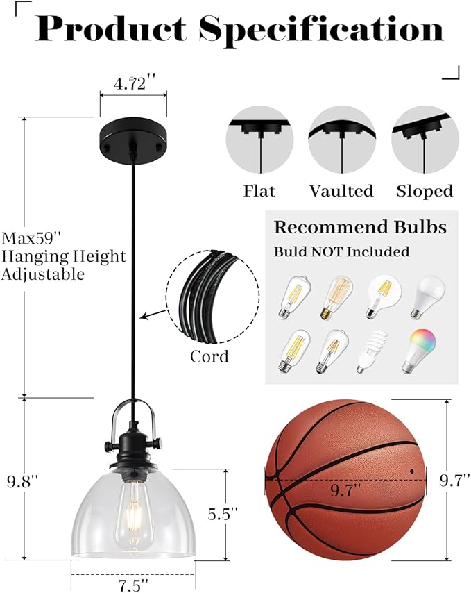 Kitchen Pendant Lighting Over Island 3 Pack, 7.5” Black Pendant Lights Kitchen Island, Farmhouse Glass Pendant Lights Kitchen Island, Industrial Pendant Light for Kitchen, Bedroom, Bathroom