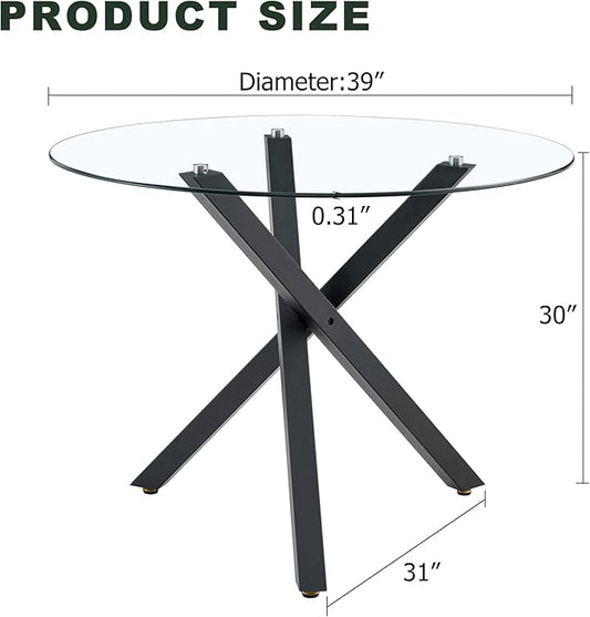 Round Glass Dining Table 39 Inch Modern Round Kitchen Table with Metal Legs Durable Stylish Dinner Table for Dining Room Kitchen