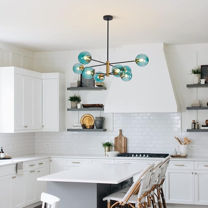 BOKT Modern Sputnik Chandelier 8-Lights Blue Glass Globe Chandelier Mid Century Pendant Light Fixture for Dining Room, Living Room, Island Kitchen, Bedroom