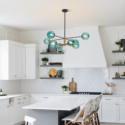 BOKT Modern Sputnik Chandelier 8-Lights Blue Glass Globe Chandelier Mid Century Pendant Light Fixture for Dining Room, Living Room, Island Kitchen, Bedroom