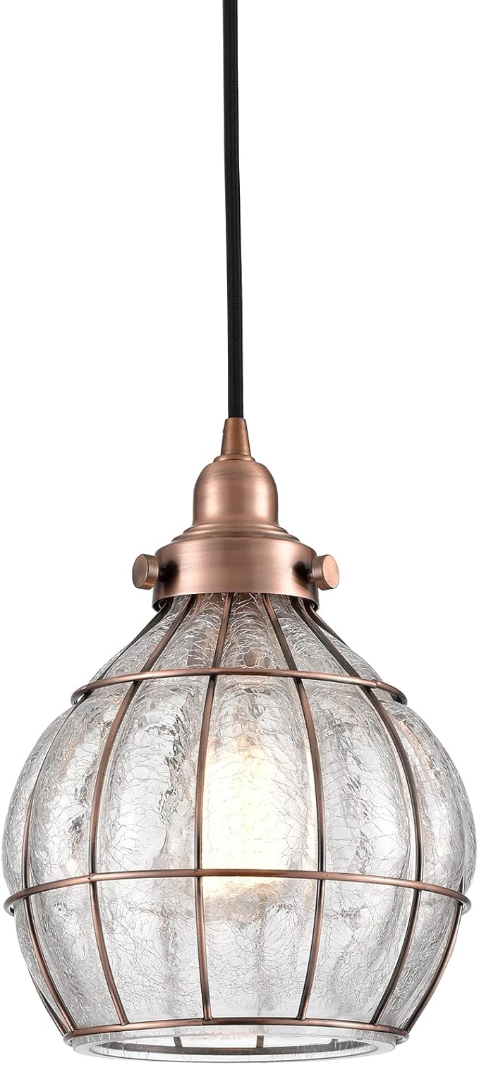 YUBOLE Glass Pendant Light Red Antique Copper Dimmable Kitchen Hanging Light Fixture Cracked Glass Shade Lighting for Dining Table Foyer Bedroom