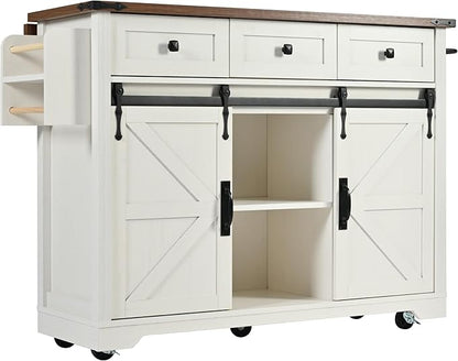 Bellemave 53.7" Farmhouse Kitchen Island cart with Charging Station, Rolling Kitchen Island Table with Drop-Leaf, 3 Drawers, Barn Doors, Large, White