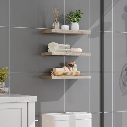 RALGEND Floating Shelves for Wall, 1.5" Thick Wall Shelf Set of 3 with Invisible Brackets, 15.7L x 7.9W Hanging Book Shelves Farmhouse Home Decor for Bathroom, Living Room, Bedroom, Greige 4301BJP3BG