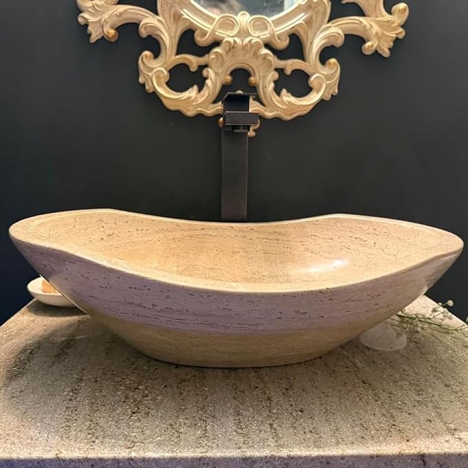 Shades of Nature Oval Travertine Vessel Sink – Natural Stone Wash Basin, Fully Polished Bathroom Sink, Above Counter Vanity Basin (Includes Matching Soap Tray)
