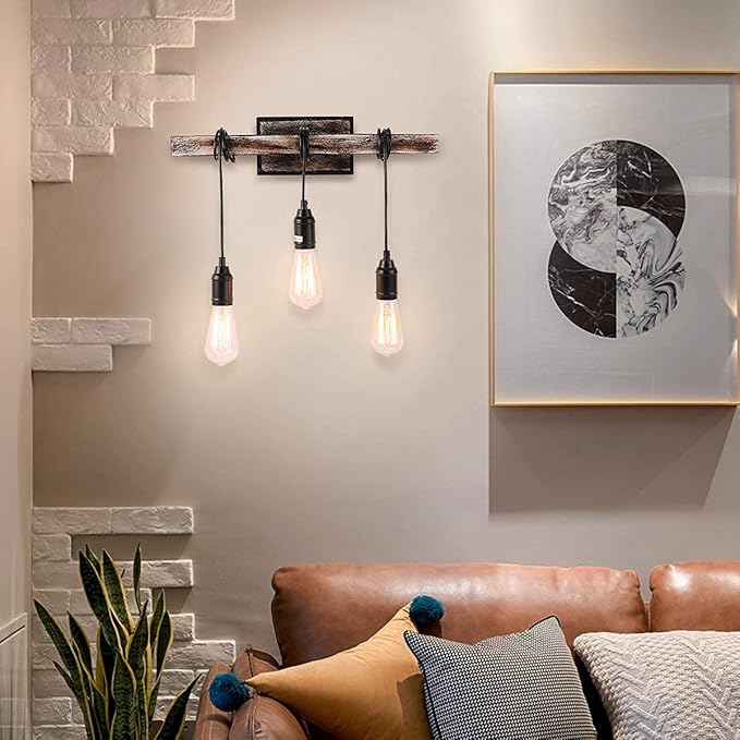 3 Lights Vintage Wall Sconce, Farmhouse Industrial Bare Bulb Wire Wrapped Wood Beam Linear Bathroom Vanity Light