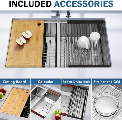 32 Inch Sink Undermount Double Bowl, 16 Gauge 50/50 Double Bowl Stainless Steel Workstation Sink, 32"x19"x10" Large and Deep Kitchen Sink With Accessories