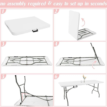 Fivenl 5 Feet Portable Folding Table White, Steel Legs Fold-in-Half with Carrying Handle Rectangular Plastic Foldable Table for Party, Wedding, Camping, Picnic, Dining, Indoor Outdoor Events