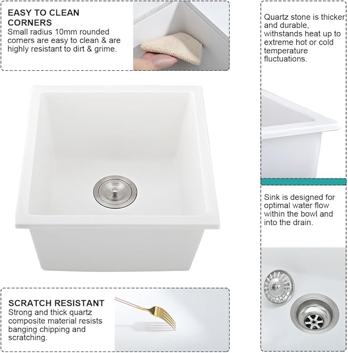 15 Inch White Bar Sink Undemount Quartz-iAnomla 15x15 Inch Undermount Bar Sink Granite Composite Single Bowl Outdoor Rv Sinks Quartz Kitchen Sinks Undermount with Bottom Grid