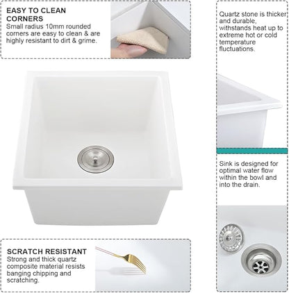 17 Inch Bar Sink Undermount White-iAnomla 17x17 Undermount Bar Sink White Quartz Bar Prep Sink Small Kitchen Sink Single Bowl Mini Wet Bar Rv Kitchen Sink with Bottom Grid