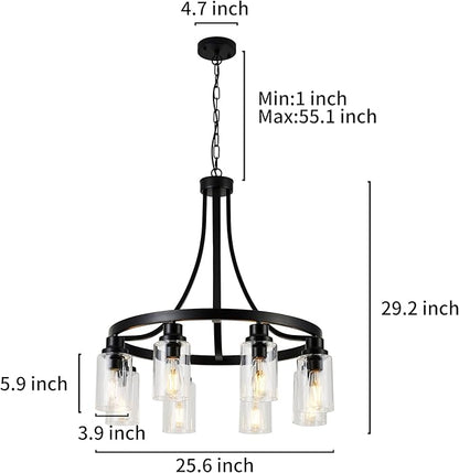8 Light Chandeliers for Dining Room Linear Kitchen Island Lighting with Rectangular Clear Glass Shades, Modern Pendant Light Fixture Black for Kitchen Dining Room Living Room