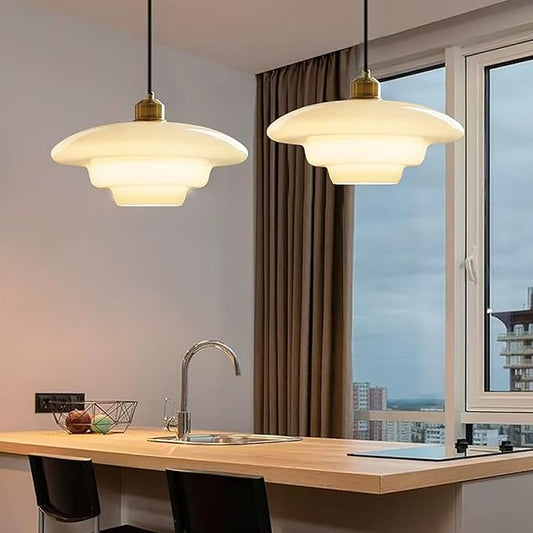 Vintage 12.6in White Glass Pendant Light Modern Spherical Hanging Lamp with Gold Metal Socket for Kitchen Island Dining Room Bedroom Living Room Hallway (11.8in)