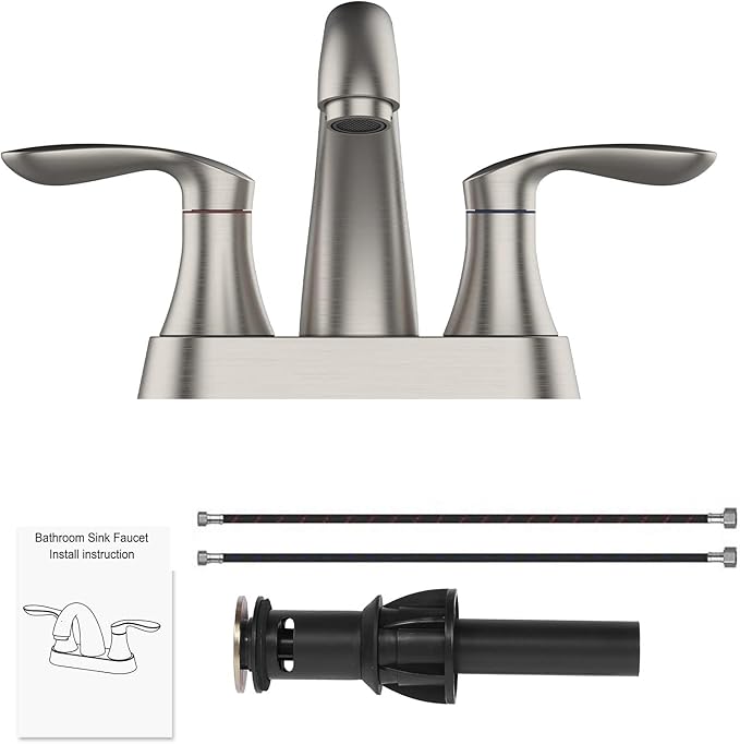 Bathroom Faucet, 4 Inch Bathroom Faucets for Sink 3 Hole, Centerset Bathroom Sink Faucet with Pop Up Drain and cUPC Lead-Free Hose(Brushed Nickel)