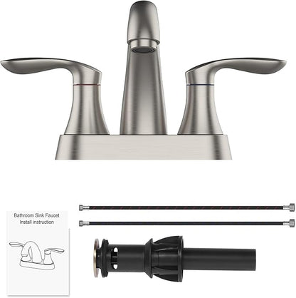 Bathroom Faucet, 4 Inch Bathroom Faucets for Sink 3 Hole, Centerset Bathroom Sink Faucet with Pop Up Drain and cUPC Lead-Free Hose(Brushed Nickel)