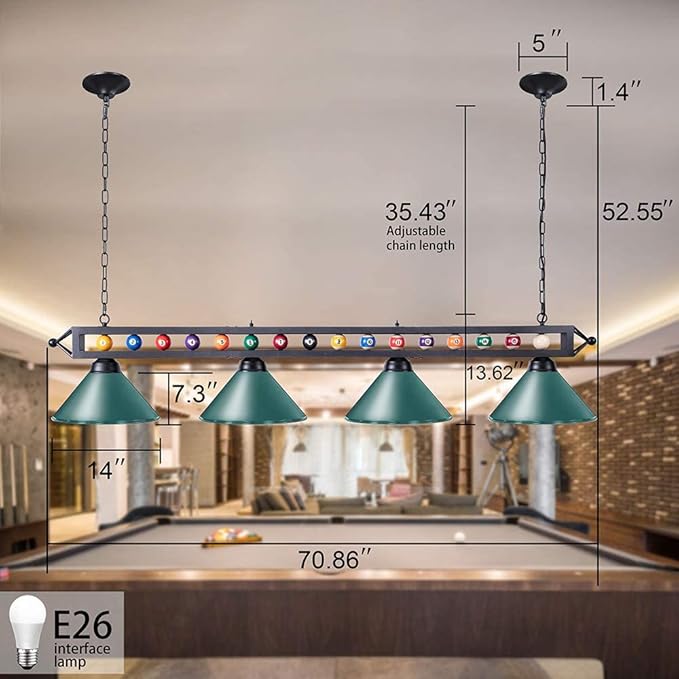 Wellmet Pool Table Light, 70'' 4 Lights Billiard Lighting Hanging Kitchen Island Light Chandelier with Lamp Shades for 7ft 8ft Pool Table, Billiard Table, Game Room, Kitchen