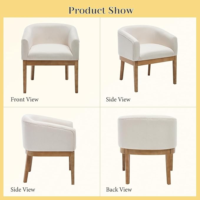 Barrel Dining Chairs Set of 6, Mid Century Modern Farmhouse Kitchen Chairs with Wood Legs, Linen Upholstered Accent Chair with Arms for Living Room/Bedroom, Beige