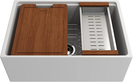 BOCCHI Contempo Workstation Apron Front Step Rim Fireclay 27 in. Single Bowl Kitchen Sink with Accessories in Matte White