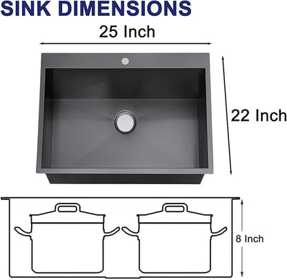 VAPSINT 25x22 Inch Black Drop In Kitchen Sink, 25 x 22 Inch Top Mount 16 Gauge Stainless Steel Single Bowl Deep Small Kitchen Sink, RV Laundry Utility Sinks with Basket Strainer