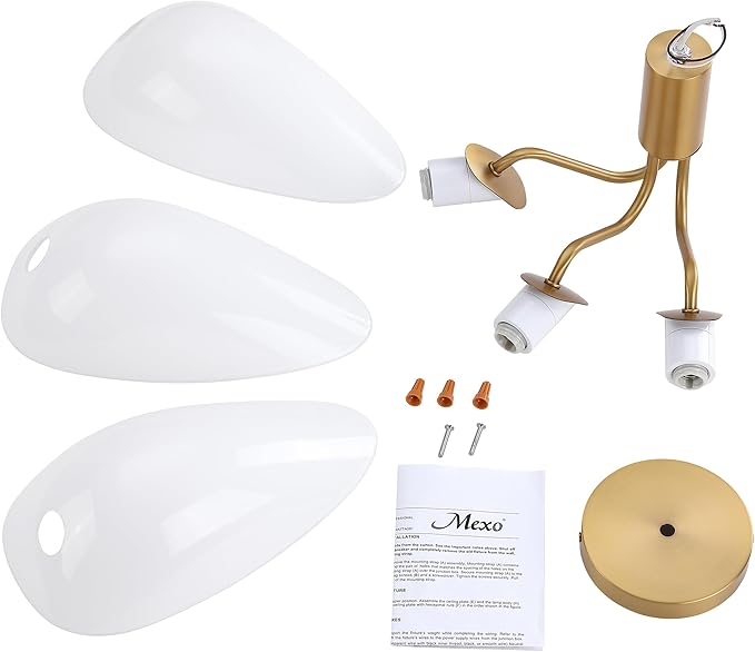 MEXO Modern Gold 3-Light Ceiling Light with Opal White Glass Shade Semi Flush Mount Ceiling Light for Living Room Hallway Sputnik Chandelier Lighting Fixture