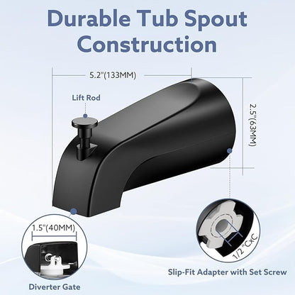 Tub Spout with Diverter – Slip-Fit Bathtub Faucet Spout Replacement, 1/2” Copper Pipe Connection, Easy to Install, Universal for Bathroom Shower (Matte Black)